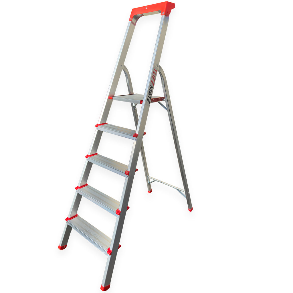Step Ladder 5 Step Aluminum Folding High Grab Handle and Tool Tray TUFFMATE