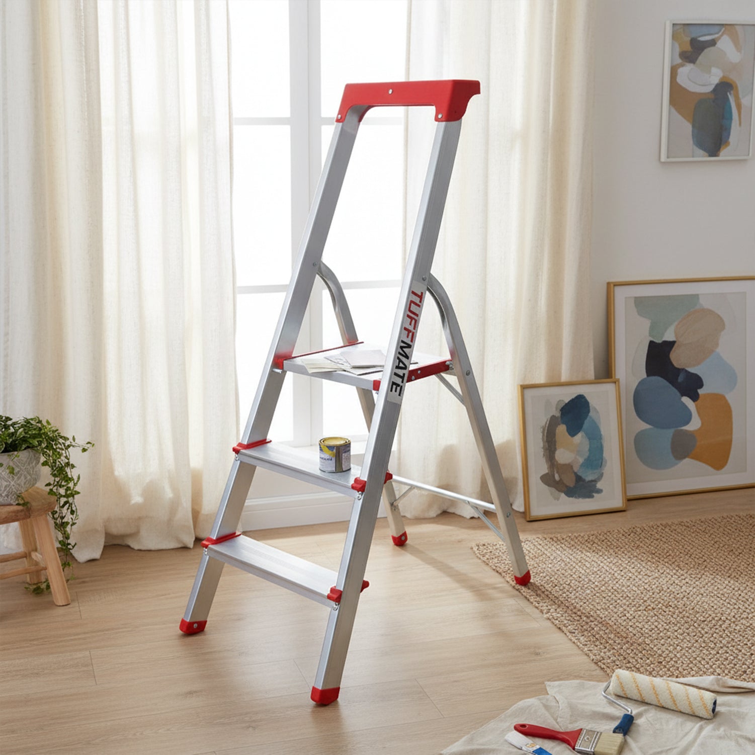 Step Ladder 3 Step Aluminum Folding High Grab Handle and Tool Tray TUFFMATE
