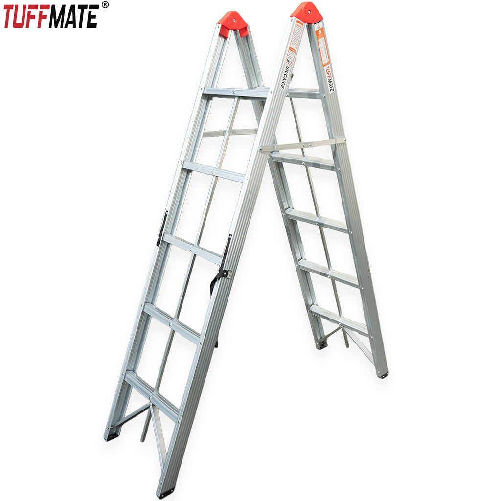 Folding Step Ladder Folds In Half 1.8m 5 Treads Aluminium TUFFMATE