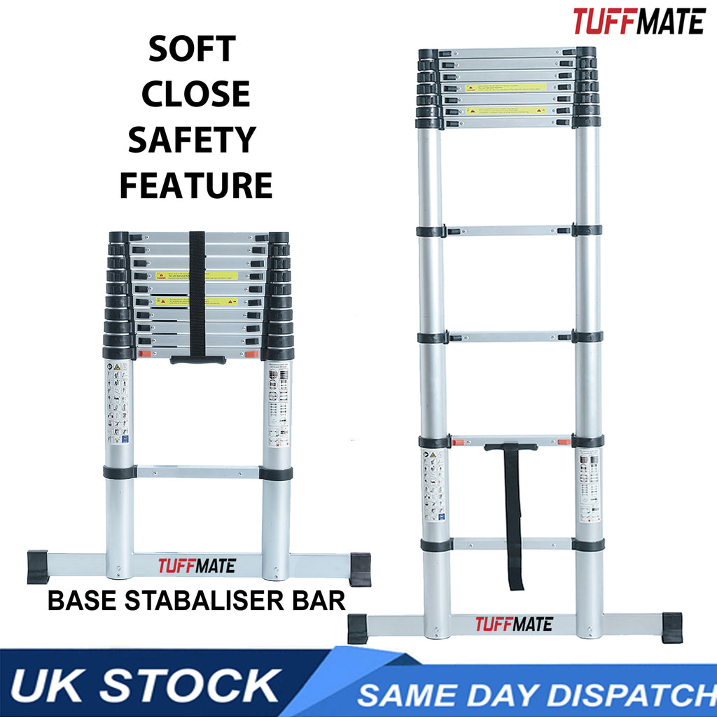 Telescopic Ladder 3.8m Max Height 12 Steps Soft Close SAFETY System and Stabaliser Bar