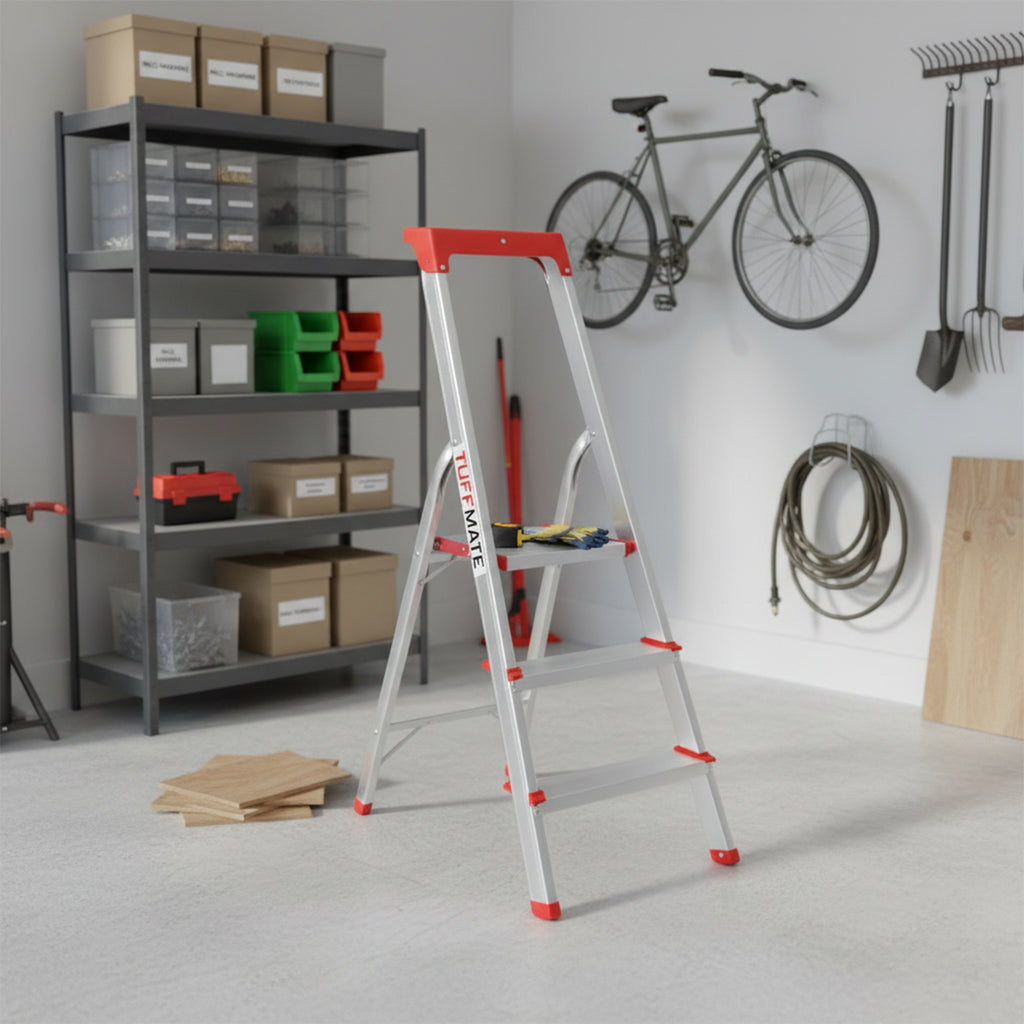 Step Ladder 3 Step Aluminum Folding High Grab Handle and Tool Tray TUFFMATE