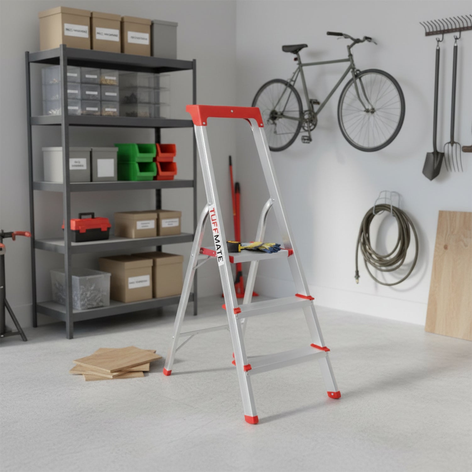 Step Ladder 3 Step Aluminum Folding High Grab Handle and Tool Tray TUFFMATE
